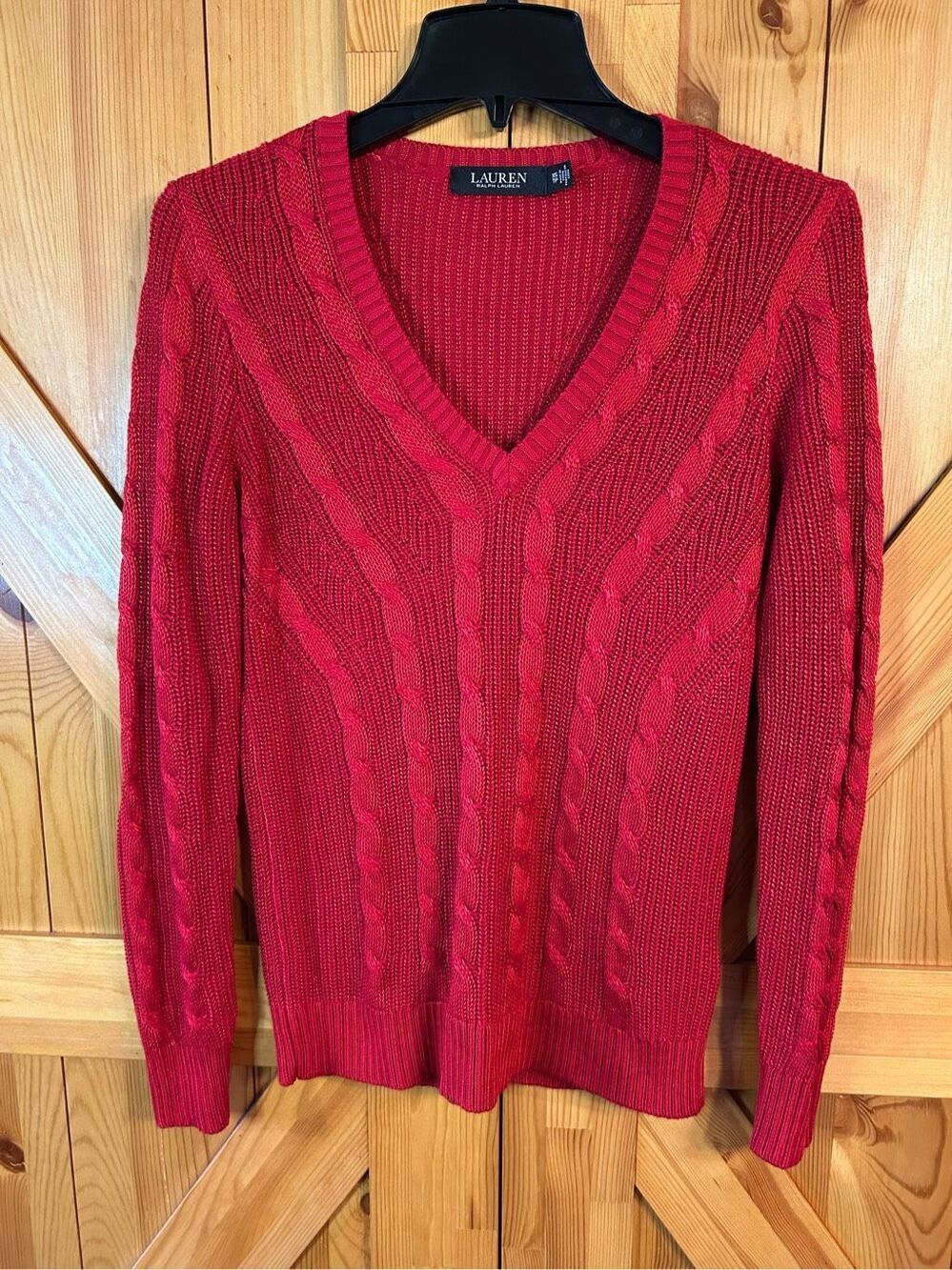 Lauren Ralph Lauren Cable-Knit V-Neck Sweater Lipstick Red Size XS (0961)